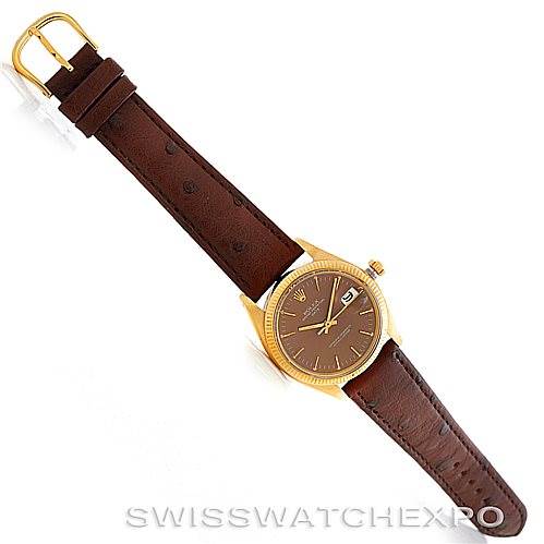 The image shows a top-view angle of a Rolex Date 1503 Men's Yellow Gold Brown Dial 1503 Men's Yellow Gold Brown Dial model watch with a brown leather strap.