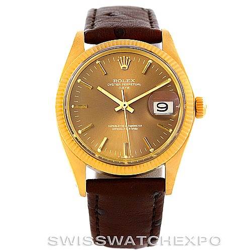The Rolex Date 1503 Men's Yellow Gold Brown Dial 1503 Men's Yellow Gold Brown Dial model watch is shown from the front, displaying its dial, hands, date window, and leather strap.