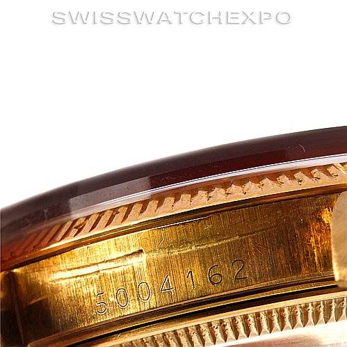 This image shows a close-up view of the case and serial number of a Rolex Date 1503 Men's Yellow Gold Brown Dial 1503 Men's Yellow Gold Brown Dial model watch.