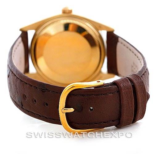This image shows the back, case, and buckle of a Rolex Date 1503 Men's Yellow Gold Brown Dial 1503 Men's Yellow Gold Brown Dial model watch with a brown leather strap.