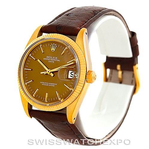 The image shows a Rolex Date 1503 Men's Yellow Gold Brown Dial 1503 Men's Yellow Gold Brown Dial model watch at an oblique angle highlighting the dial, bezel, crown, and leather strap.