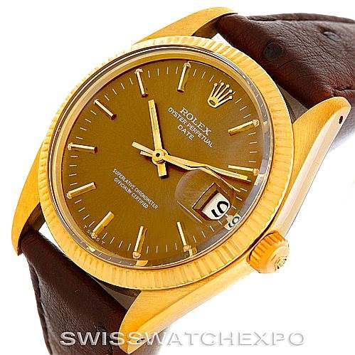This image shows the Rolex Date 1503 Men's Yellow Gold Brown Dial 1503 Men's Yellow Gold Brown Dial model watch at an angle, highlighting its gold case, dial, date window, and brown leather strap.