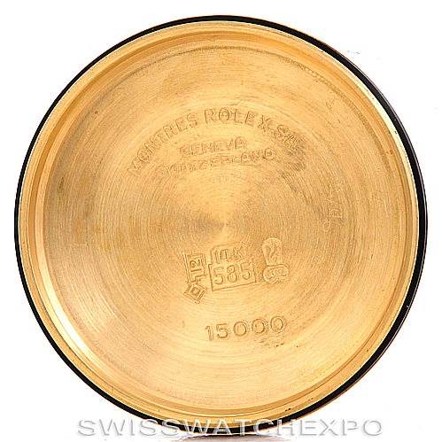 This image shows the inner caseback of a Rolex Date 15037 Men's Yellow Gold Black Dial 15037 Men's Yellow Gold Black Dial model watch, showcasing engravings and hallmarks.