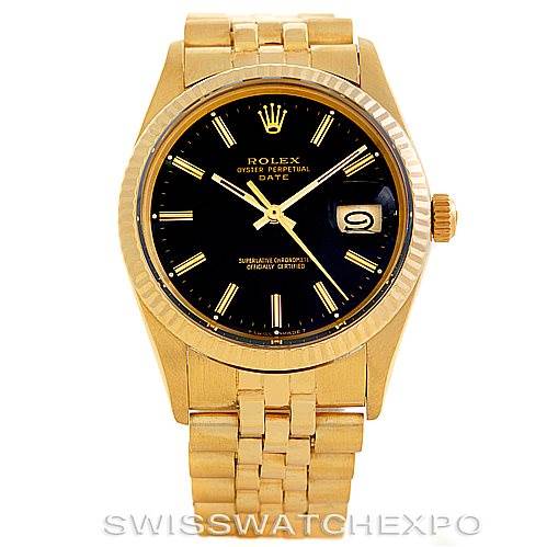 This image shows a front view of the Rolex Date 15037 Men's Yellow Gold Black Dial 15037 Men's Yellow Gold Black Dial model watch, highlighting the dial, bezel, crown, and bracelet.