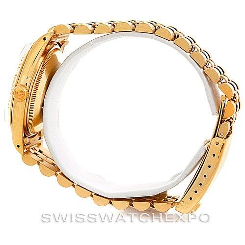 This image shows a side view of a Rolex Date 15037 Men's Yellow Gold Black Dial 15037 Men's Yellow Gold Black Dial model watch, highlighting the gold bracelet and clasp.