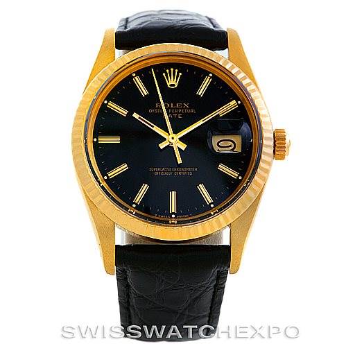 This image shows a front view of a Rolex Date 15037 Men's Yellow Gold Black Dial 15037 Men's Yellow Gold Black Dial model watch, featuring the dial, case, crown, and strap.