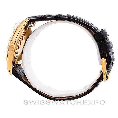 The image shows a side profile of a Rolex Date 15037 Men's Yellow Gold Black Dial 15037 Men's Yellow Gold Black Dial model watch, highlighting the case, crown, and black leather strap.
