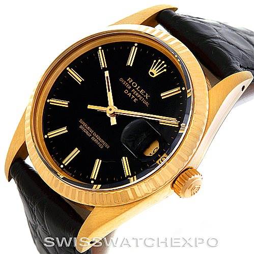 The image shows a Rolex Date 15037 Men's Yellow Gold Black Dial 15037 Men's Yellow Gold Black Dial model watch at a slight angle, highlighting the black dial, gold case, fluted bezel, crown, and leather strap.