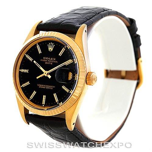 The image shows a Rolex Date 15037 Men's Yellow Gold Black Dial 15037 Men's Yellow Gold Black Dial model watch from a three-quarter angle, highlighting its gold case, crown, black dial, and leather strap.