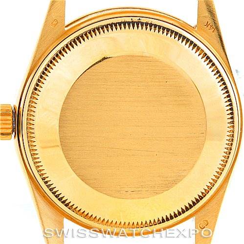 The image shows the back of a Rolex Date 15037 Men's Yellow Gold Black Dial 15037 Men's Yellow Gold Black Dial model watch, highlighting the case and crown.