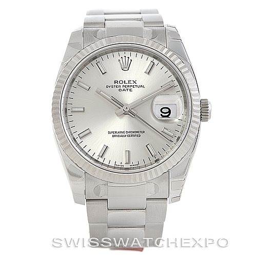The image shows a frontal view of the Rolex Date 115234 Men's Stainless Steel Silver Dial 115234 Men's Stainless Steel Silver Dial model watch, displaying its dial, bezel, bracelet, and date window.