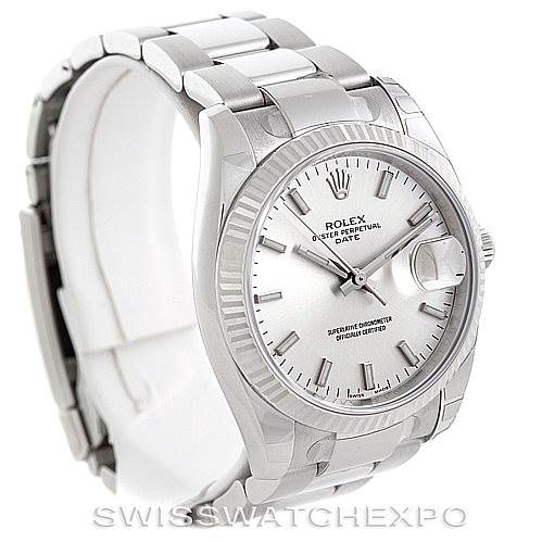 The image shows a side and front angle of the Rolex Oyster Perpetual Date watch, highlighting the dial, bezel, and bracelet.