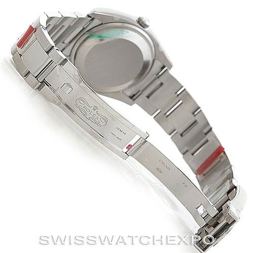 This image shows the clasp and back of the bracelet of a Rolex Date 115234 Men's Stainless Steel Silver Dial 115234 Men's Stainless Steel Silver Dial model watch at a tilted side angle.