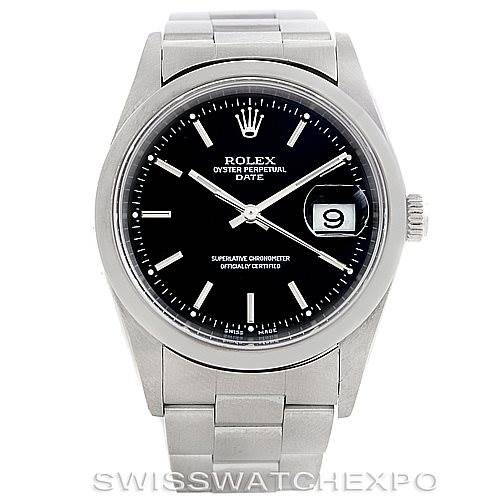 This image shows a front view of the Rolex Oyster Perpetual Date, focusing on the dial and the bracelet.