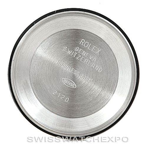 This image shows the inside of the case back for a Rolex Date 15200 Men's Stainless Steel Black Dial 15200 Men's Stainless Steel Black Dial model, with engraved text detailing its Swiss origin and stainless steel material.