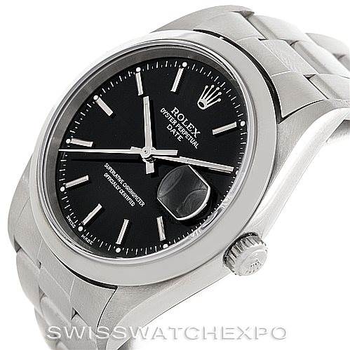 This image shows a Rolex Date 15200 Men's Stainless Steel Black Dial 15200 Men's Stainless Steel Black Dial model watch at an angled view, highlighting the black dial, date window, and stainless steel bracelet.