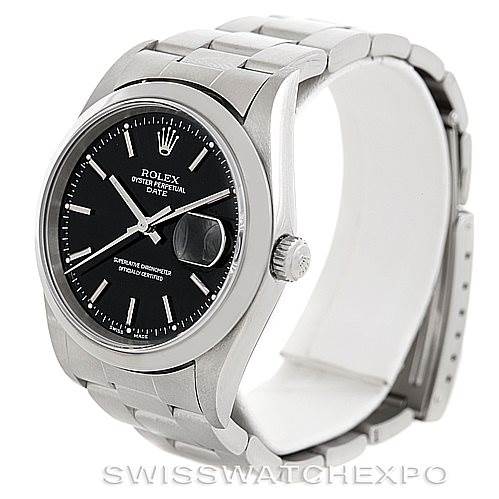 This image features a Rolex Date 15200 Men's Stainless Steel Black Dial 15200 Men's Stainless Steel Black Dial model watch angled to show the face, bezel, crown, and parts of the bracelet.