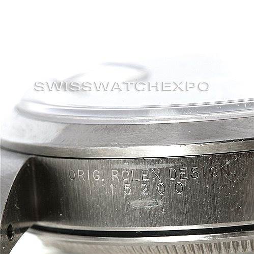 The image shows a detailed side view of the case of a Rolex Date 15200 Men's Stainless Steel Black Dial 15200 Men's Stainless Steel Black Dial model watch, highlighting the model number "15200."