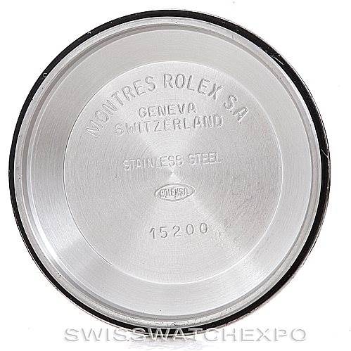 This image shows the inner case back of a Rolex Date 15200 Men's Stainless Steel Black Dial 15200 Men's Stainless Steel Black Dial model, highlighting its inscriptions and stainless steel material.