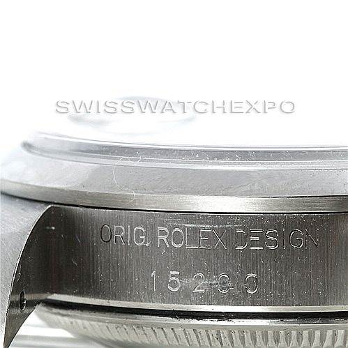 The image shows a close-up angle of the case side of a Rolex Date 15200 Men's Stainless Steel Black Dial 15200 Men's Stainless Steel Black Dial model, focusing on the engraved model number and design text.