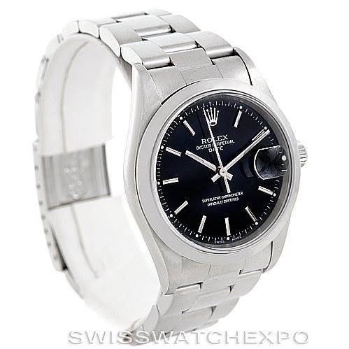 The image shows a Rolex Date 15200 Men's Stainless Steel Black Dial 15200 Men's Stainless Steel Black Dial model watch at a slight angle, illustrating the face, bezel, and part of the bracelet.