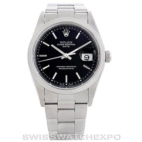 The image shows a frontal view of a Rolex Date 15200 Men's Stainless Steel Black Dial 15200 Men's Stainless Steel Black Dial model watch, featuring its face, bezel, and bracelet.