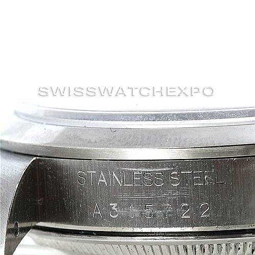 This image shows a close-up of the side of the stainless steel case of a Rolex Date 15200 Men's Stainless Steel Black Dial 15200 Men's Stainless Steel Black Dial model watch, displaying its serial number.