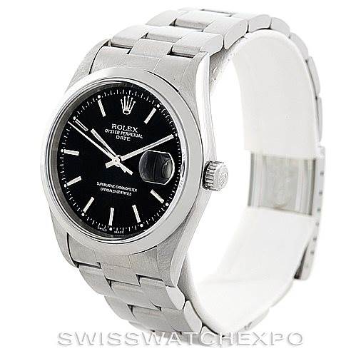 This image shows a frontal angled view of a Rolex Date 15200 Men's Stainless Steel Black Dial 15200 Men's Stainless Steel Black Dial model, displaying the black dial, bezel, and bracelet.