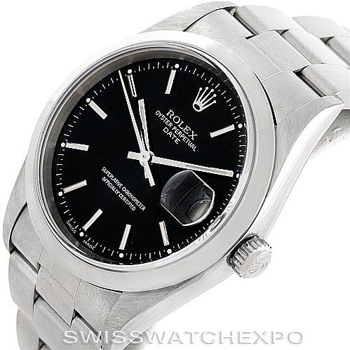 The image shows a Rolex Date 15200 Men's Stainless Steel Black Dial 15200 Men's Stainless Steel Black Dial model watch from an angled top-down perspective, highlighting the dial, bezel, and bracelet.