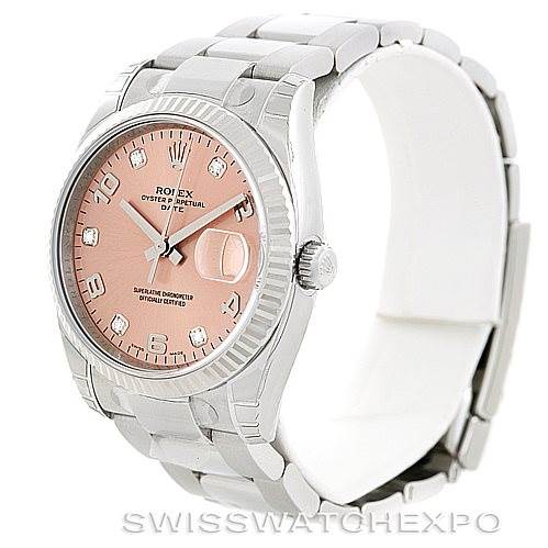 The image shows a Rolex Date 115234 Men's Stainless Steel Pink Dial 115234 Men's Stainless Steel Pink Dial watch featuring a pink dial and silver bracelet, viewed from a three-quarter angle.