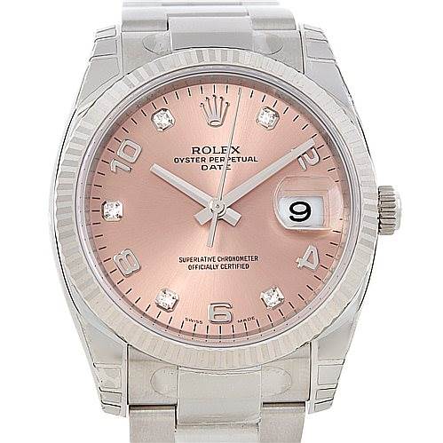 The image shows a front view of a Rolex Oyster Perpetual Date watch, highlighting the face, bezel, and bracelet.
