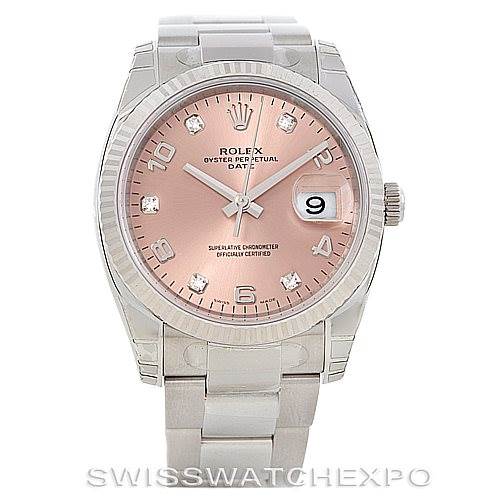 This image shows a front view of a Rolex Date 115234 Men's Stainless Steel Pink Dial 115234 Men's Stainless Steel Pink Dial model watch with a pink dial and diamond hour markers.