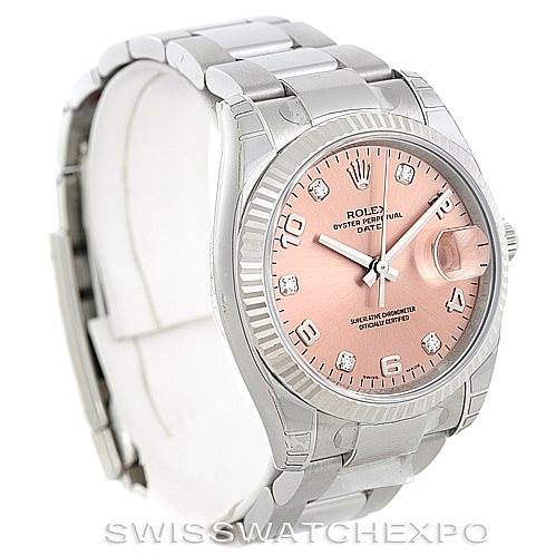This Rolex Date 115234 Men's Stainless Steel Pink Dial 115234 Men's Stainless Steel Pink Dial model watch is shown at a slight angle, highlighting its pink dial, diamond hour markers, and stainless steel bracelet.