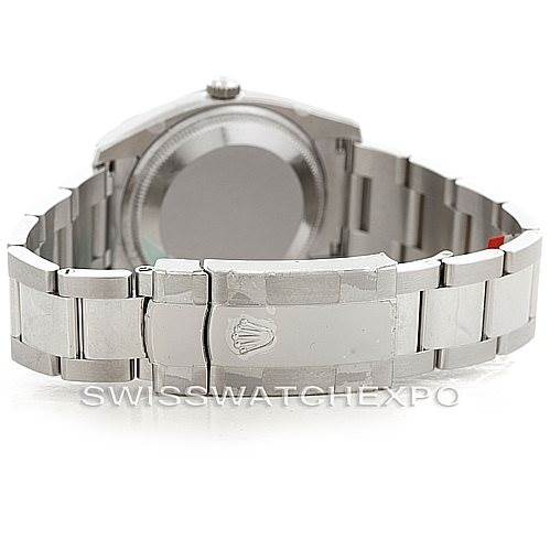 The image shows the back and bracelet clasp of a Rolex Date 115234 Men's Stainless Steel Pink Dial 115234 Men's Stainless Steel Pink Dial model watch.