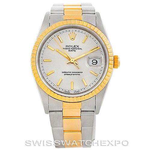 The image shows a front view of a Rolex Date 15223 Men's Steel and Gold (two tone) Silver Dial 15223 Men's Steel and Gold (two tone) Silver Dial model watch with a silver and gold two-tone design.