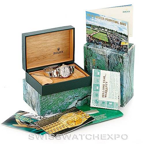 The image shows a Rolex Date 15223 Men's Steel and Gold (two tone) Silver Dial 15223 Men's Steel and Gold (two tone) Silver Dial model watch and its accessories, including the watch box, warranty card, and instruction booklets.