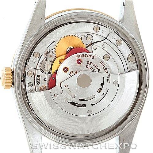 This image shows the back of a Rolex Date 15223 Men's Steel and Gold (two tone) Champagne Dial 15223 Men's Steel and Gold (two tone) Champagne Dial model watch, highlighting its internal movement and mechanism.