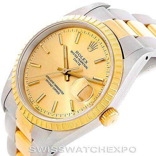 The image shows the front and part of the right side of a Rolex Date 15223 Men's Steel and Gold (two tone) Champagne Dial 15223 Men's Steel and Gold (two tone) Champagne Dial model, highlighting the dial, case, bezel, and part of the bracelet.