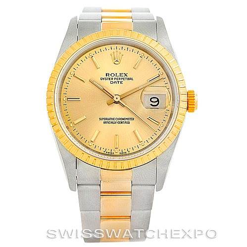 The image shows a front view of a Rolex Date 15223 Men's Steel and Gold (two tone) Champagne Dial 15223 Men's Steel and Gold (two tone) Champagne Dial model watch, highlighting the dial, bezel, and bracelet.