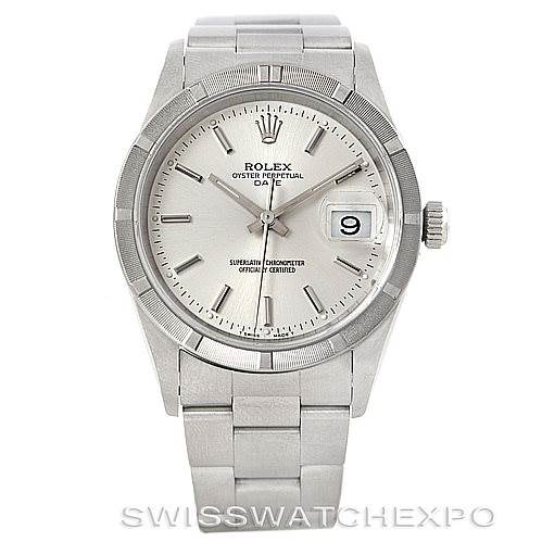 The image shows a front view of a Rolex Oyster Perpetual Date, displaying the watch face, bezel, and bracelet.