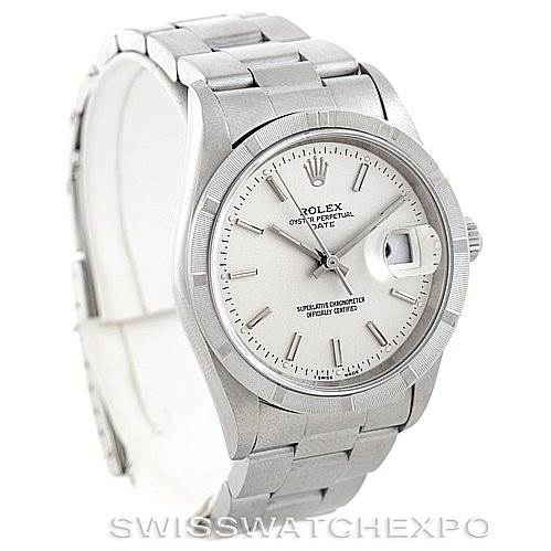 The image shows a Rolex Date 15210 Men's Stainless Steel Silver Dial 15210 Men's Stainless Steel Silver Dial model watch at a three-quarter angle, revealing the face, bezel, crown, and bracelet.