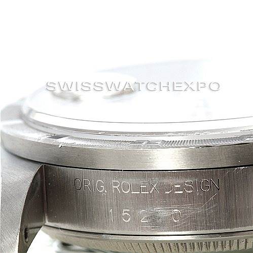 The image shows a close-up side view of the Rolex Date 15210 Men's Stainless Steel Silver Dial 15210 Men's Stainless Steel Silver Dial model, focusing on the engraving and bezel.