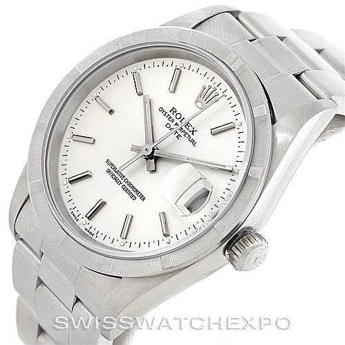 The photo shows a frontal and slightly angled view of a Rolex Date 15210 Men's Stainless Steel Silver Dial 15210 Men's Stainless Steel Silver Dial, highlighting the dial, crown, and stainless steel bracelet.
