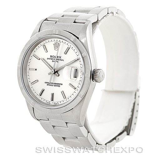 This image shows a Rolex Date 15210 Men's Stainless Steel Silver Dial 15210 Men's Stainless Steel Silver Dial model watch from a three-quarter angle, showcasing its dial, case, crown, and bracelet.