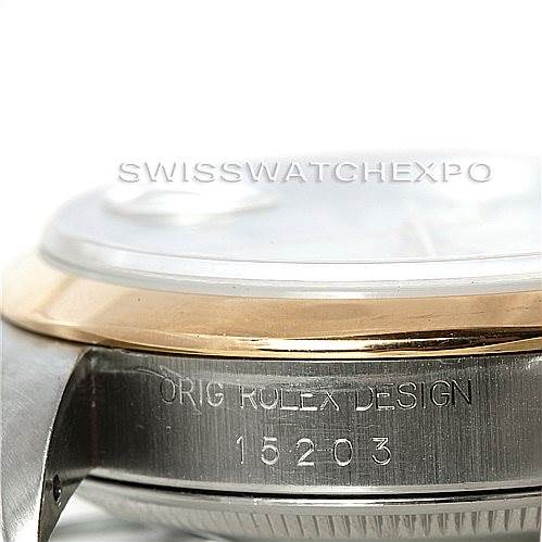 This image shows a close-up of the case side, bezel, and part of the crystal of a Rolex Date 15203 Men's Steel and Gold (two tone) White Dial 15203 Men's Steel and Gold (two tone) White Dial model with the case number "15203."