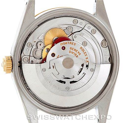 This image shows the back view of a Rolex Date 15203 Men's Steel and Gold (two tone) White Dial 15203 Men's Steel and Gold (two tone) White Dial model, revealing its movement and internal mechanisms.