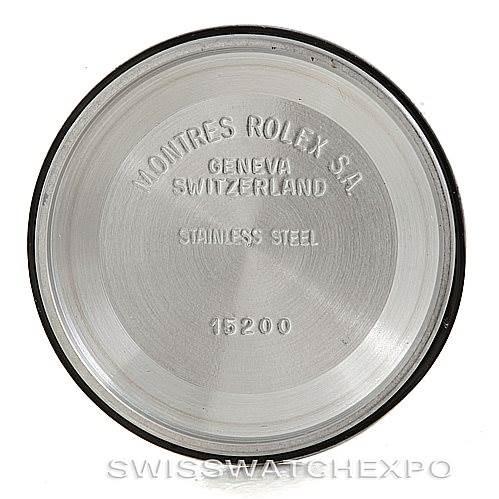This image shows the inside of the case back of a Rolex Date 15203 Men's Steel and Gold (two tone) White Dial 15203 Men's Steel and Gold (two tone) White Dial model 15200, indicating "Montres Rolex S.A. Geneva, Switzerland" and "Stainless Steel".