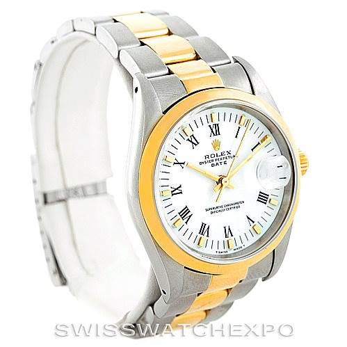 This image shows a Rolex Date 15203 Men's Steel and Gold (two tone) White Dial 15203 Men's Steel and Gold (two tone) White Dial model watch at a slight angle, highlighting the face, bezel, and two-tone bracelet.