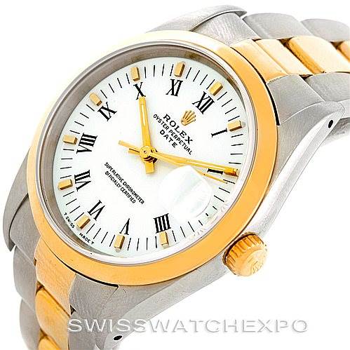 This Rolex Date 15203 Men's Steel and Gold (two tone) White Dial 15203 Men's Steel and Gold (two tone) White Dial model watch is shown at an angled top view, highlighting the face, bezel, and bracelet.