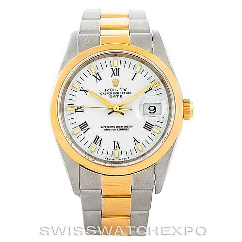 This image shows a front view of a Rolex Date 15203 Men's Steel and Gold (two tone) White Dial 15203 Men's Steel and Gold (two tone) White Dial model watch, displaying the face, bezel, and bracelet.